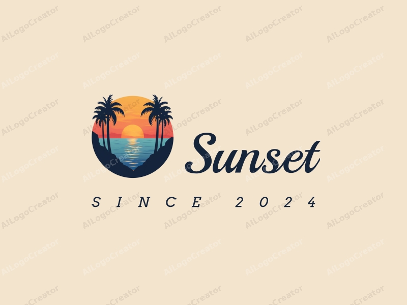 vintage design features a stylized sunset over a serene ocean, with silhouettes of trees framing the scene, combined with a clean background.