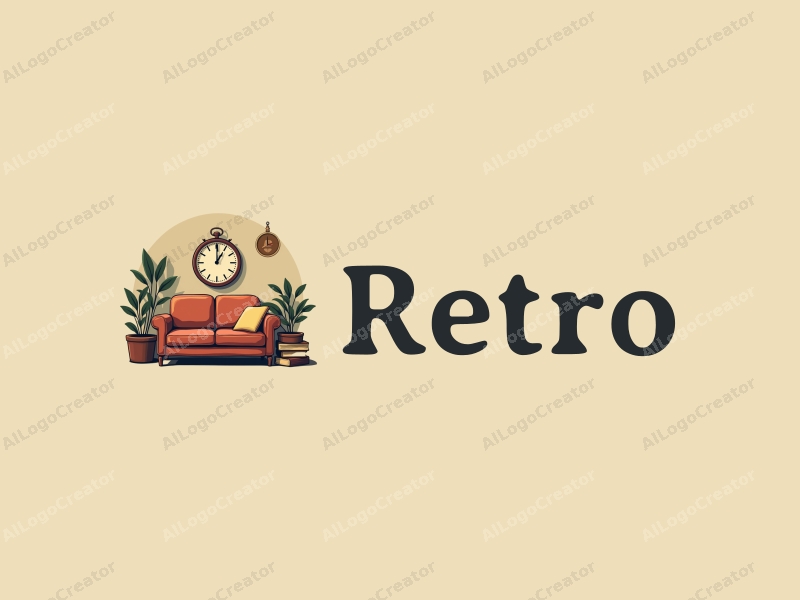 vintage design features a retro sofa, a retro poster, a vintage clock, and classic books, combined with a clean background.