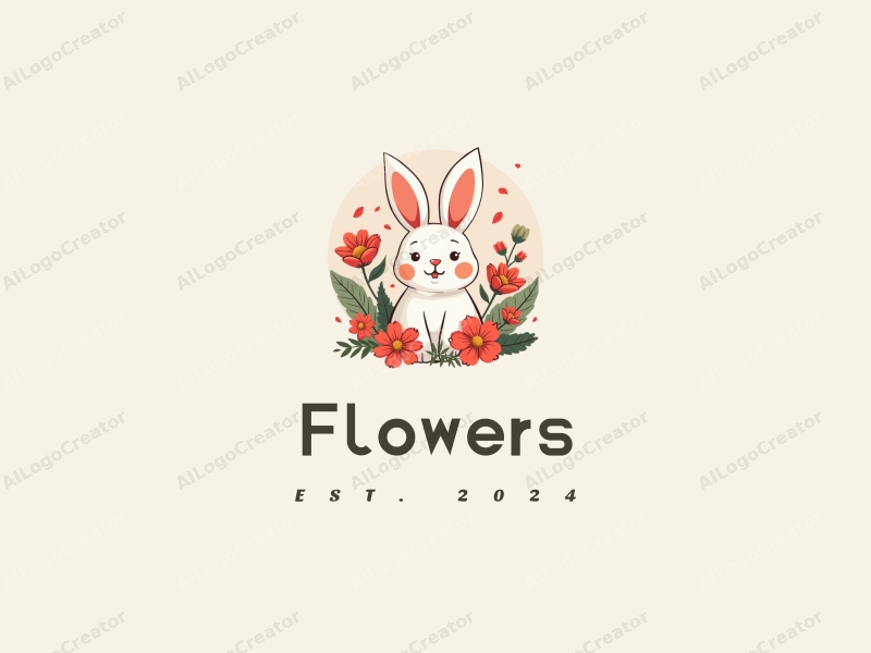 playful design features a whimsical rabbit surrounded by vibrant flowers and petals, combining a cheerful aesthetic with a clean background.