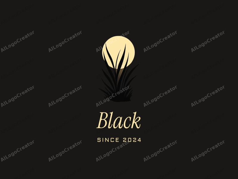 minimalist design features a stylized moon casting light on simple grass leaves, combined with a clean black background.