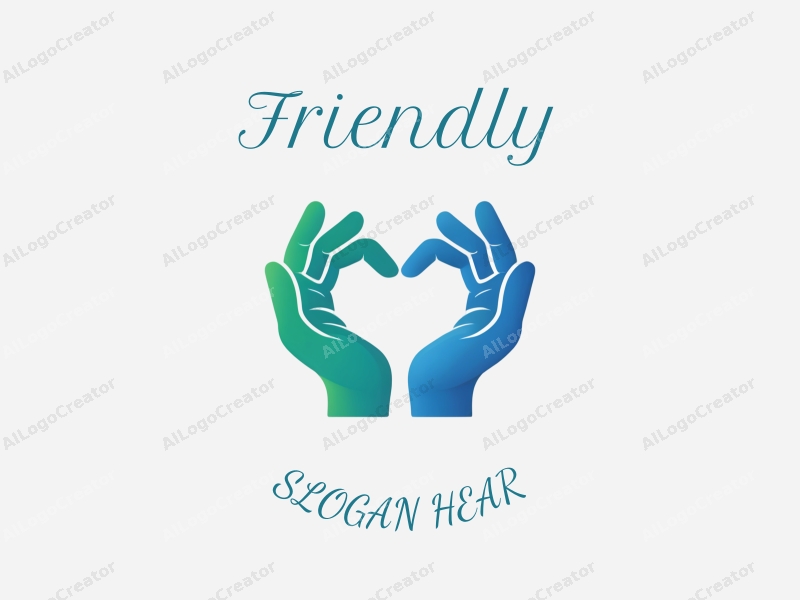 playful design features friendly hands forming a heart shape, with a vibrant blue and green color palette, combined with a clean background.