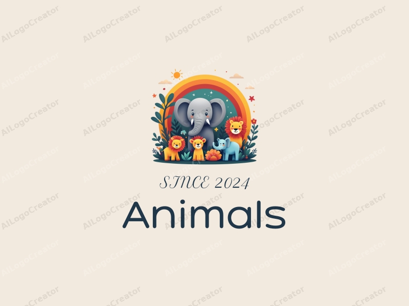 playful design features a stylized elephant under a vibrant rainbow, incorporating various colorful wild animals in a harmonious composition with a clean background.