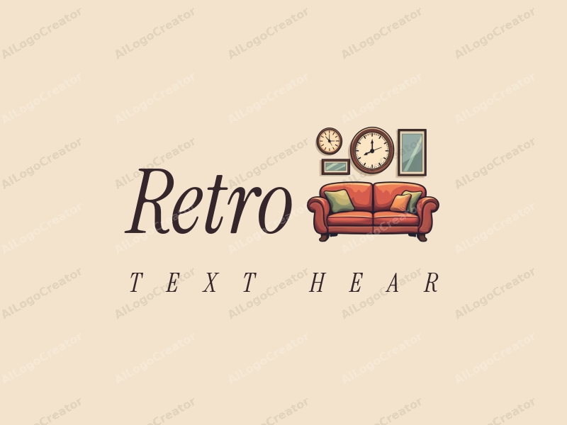 vintage design features a retro sofa, a retro poster, a retro clock, and a retro mirror, combined with a clean background and harmonious composition.