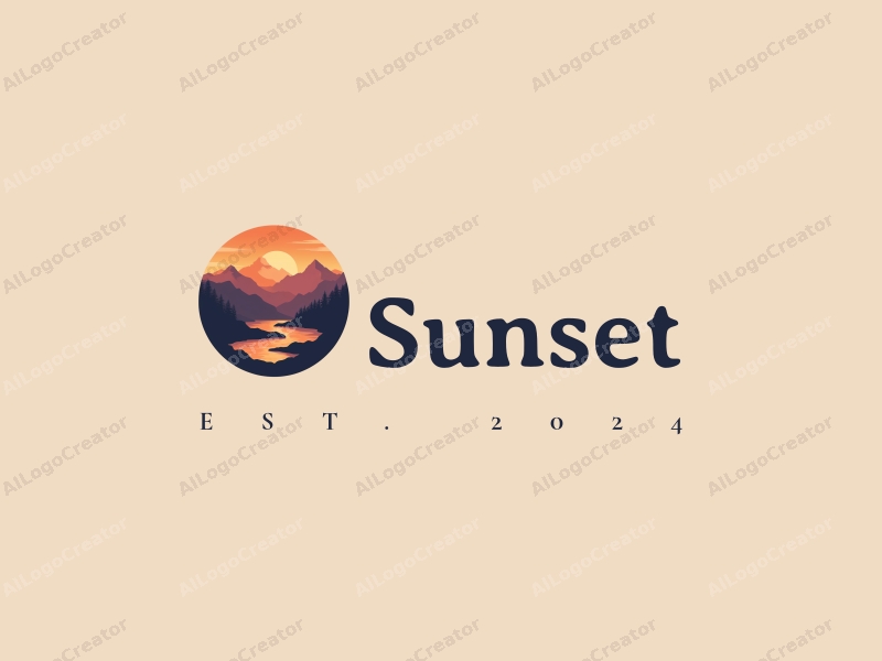 vintage design features a stylized sunset over mountains and lakes, with a harmonious blend of orange and purple colors, creating a serene and artistic atmosphere.