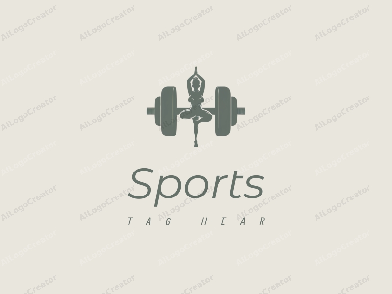 a modern minimalist design featuring a stylized dumbbell and a yoga pose silhouette, combined with a clean background and harmonious green and gray color palette.