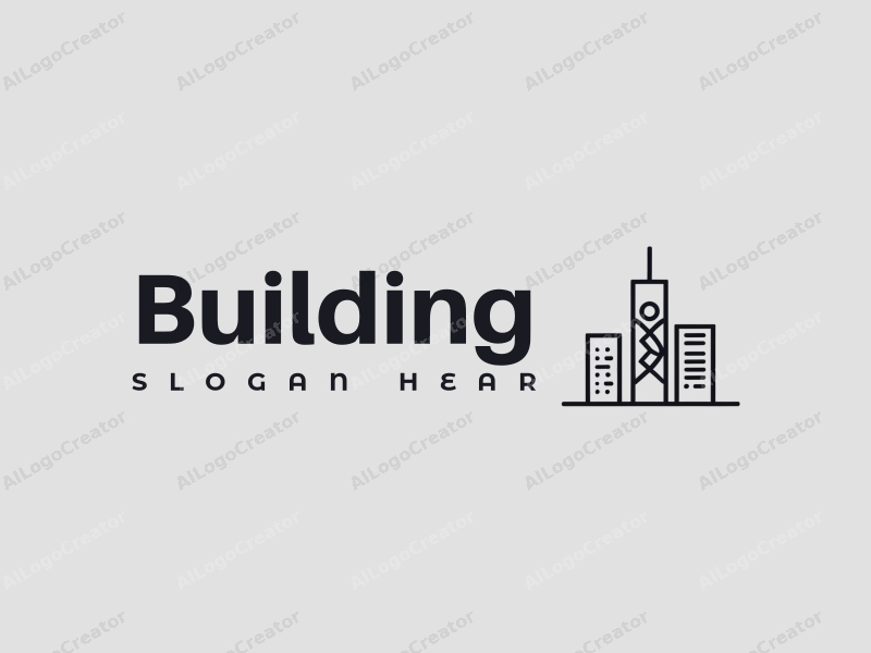 minimalist design features a stylized building silhouette intertwined with atomic structures, utilizing a modern design approach combined with a clean gray background.