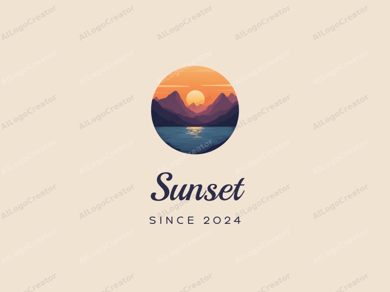 vintage design features a stylized sunset over mountains and ocean, with a harmonious blend of orange and purple colors, creating a serene and artistic atmosphere.