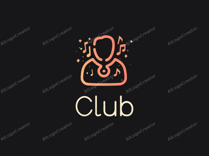 a modern minimalist design featuring a stylized club silhouette, intertwined musical notes and speech bubbles, combined with a clean black background.