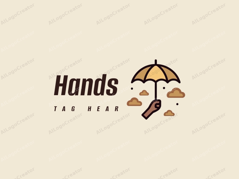 a modern design featuring a hand holding an umbrella, surrounded by stylized clouds, using a skin tone color palette, creating a clean and harmonious composition.