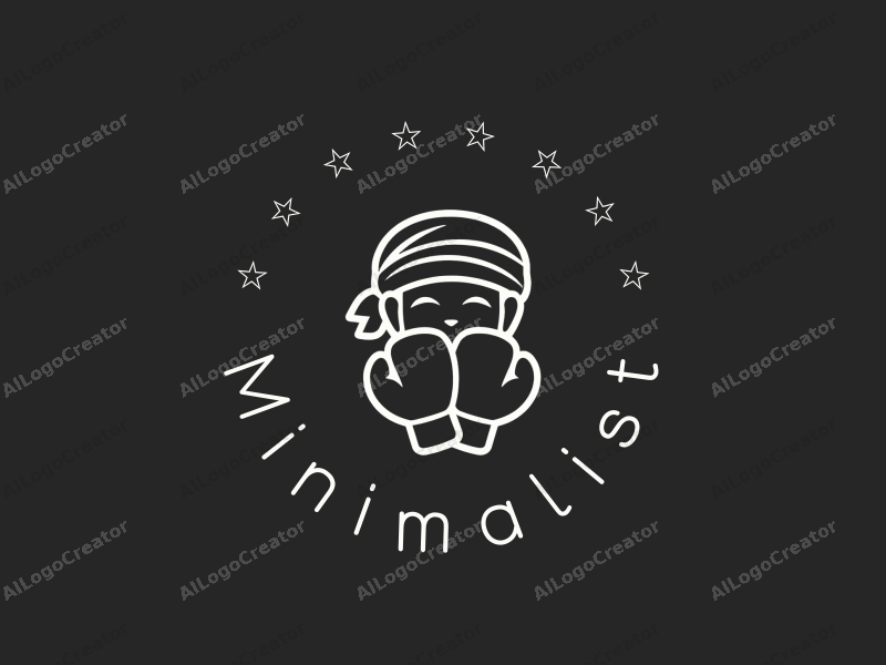 minimalist design features a stylized Thai headscarf and boxing gloves, combined with a tag style approach and a clean black and white background.