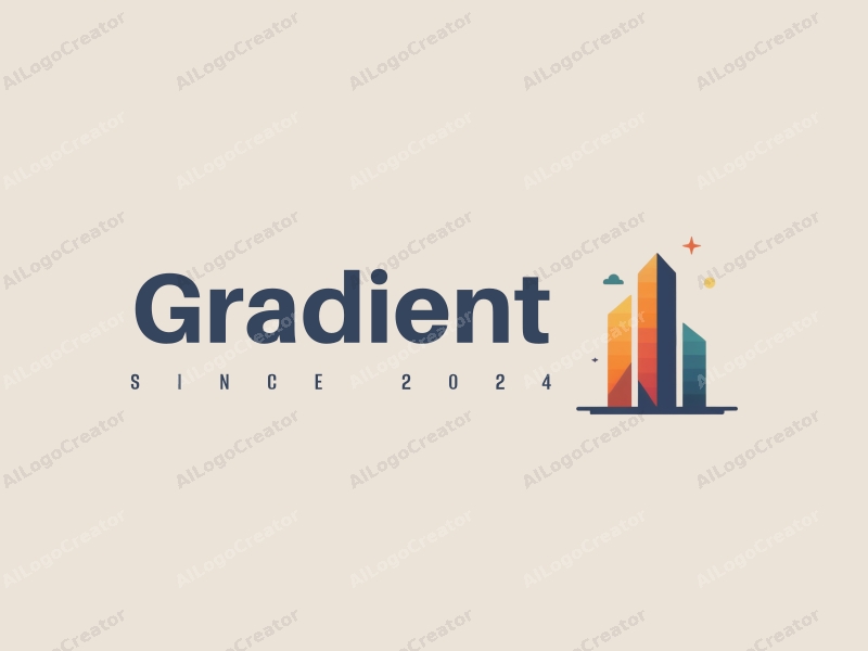 a modern minimalist design featuring a stylized skyscraper and a key, combined with a multicolor gradient approach against a clean background.