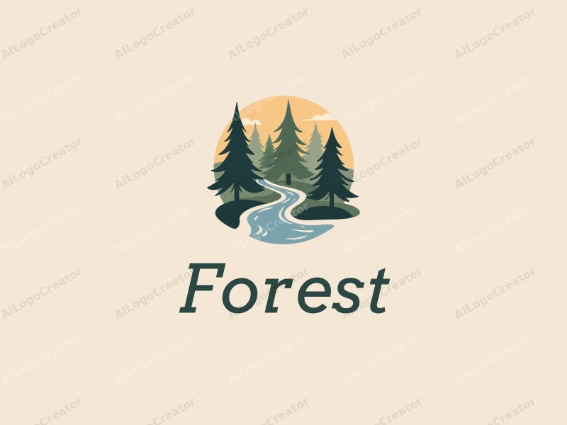 vintage design features stylized trees and a serene stream, combined with a harmonious representation of a natural habitat, set against a clean background.