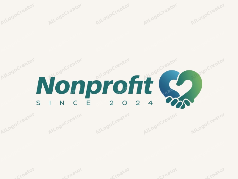 modern design features a stylized heart and handshake symbolizing charity and volunteerism, combined with a clean background in blue and green tones.