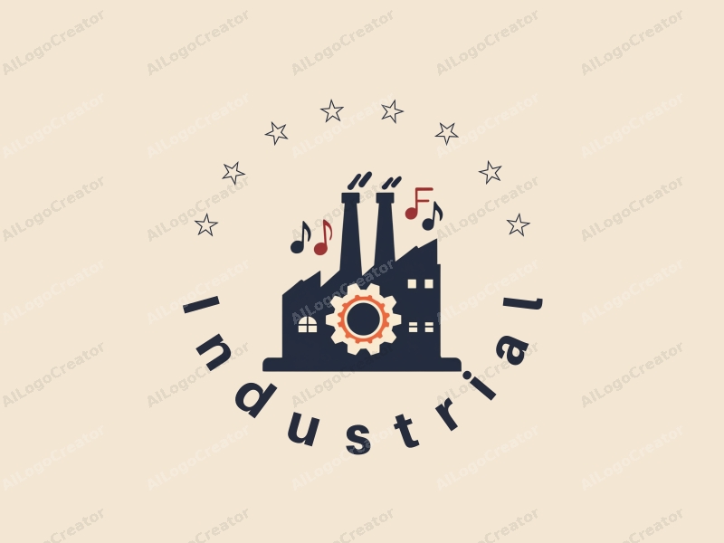 modern design features a stylized factory silhouette, interlocking gears, and musical notes, combined with a clean background.