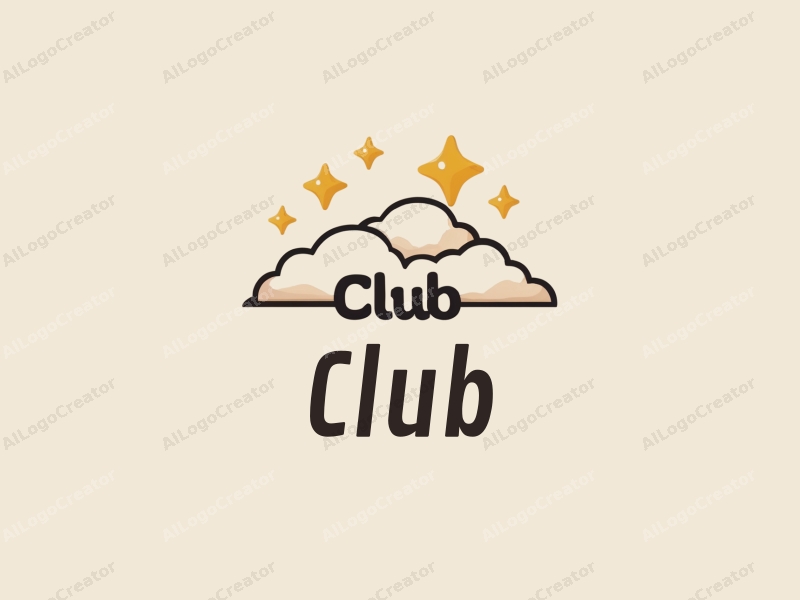 a modern minimalist design featuring a stylized club, playful stars, and soft clouds, combined with a clean background, evoking a sense of fun and community.