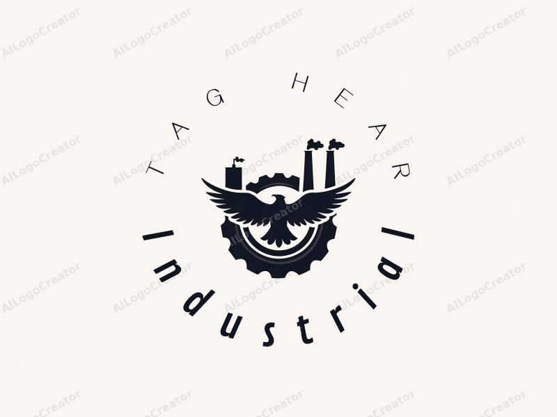 modern design features a stylized factory silhouette, interlocking gears, and an eagle in flight, combined with a clean background.