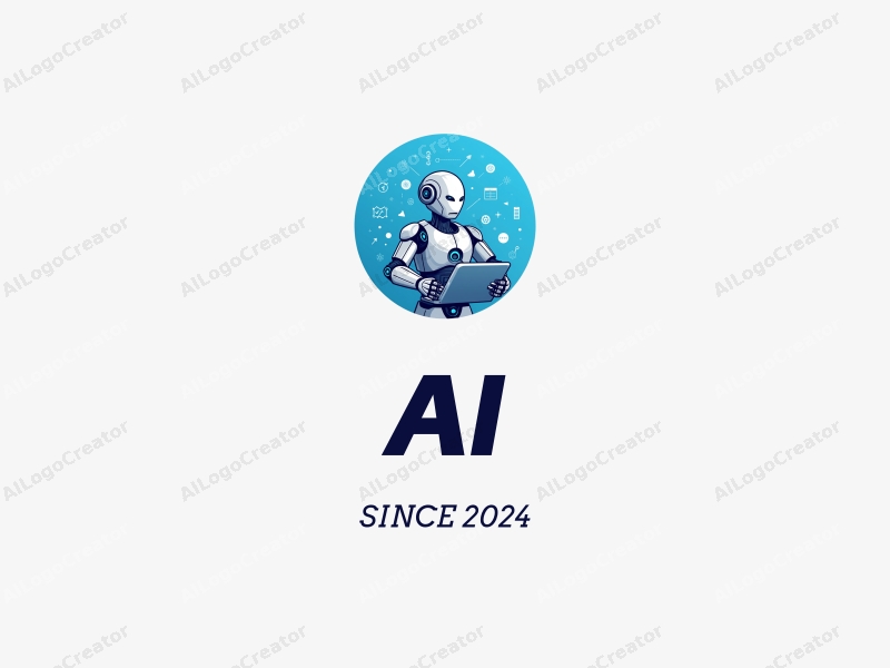 a modern design featuring stylized robots and data elements, incorporating intelligence and algorithms, combined with a clean blue background.