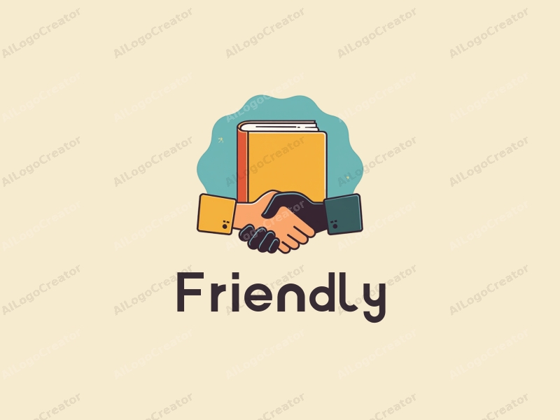 playful design features a stylized book and a handshake, combined with a clean background, emphasizing friendship and community in an educational and social context.