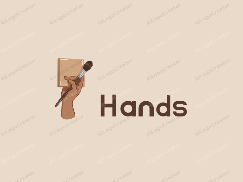 a modern design featuring a hand holding a paintbrush and canvas, with a skin tone color palette, combined with a clean and simple background.