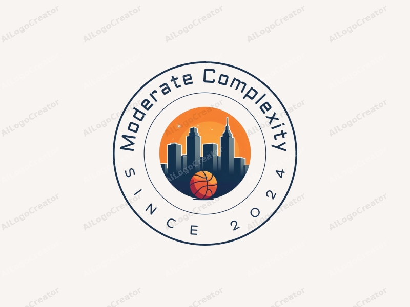 a modern minimalist design featuring a stylized city skyline with skyscrapers and a basketball, using a blue and orange color palette, combined with a clean background.