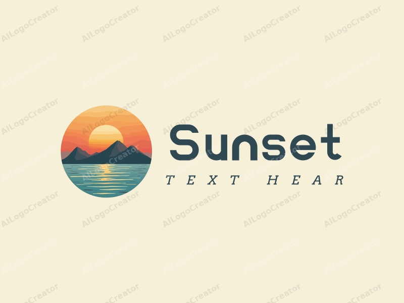 a serene landscape featuring a sunset over the ocean with mountains in the background, using a natural and romantic design approach combined with a clean and tranquil atmosphere.