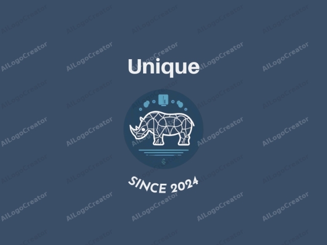 a modern minimalist design featuring a stylized rhino and a nucleus, combined with corporate and office elements, set against a clean background in blue and gray tones.