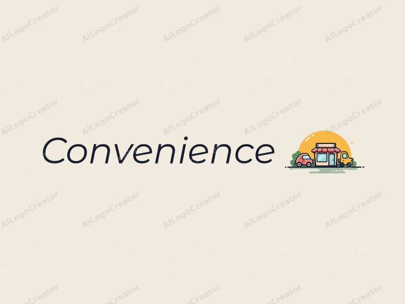 a modern minimalist design featuring a stylized convenience store and transportation vehicles, combined with a clean background and harmonious composition.