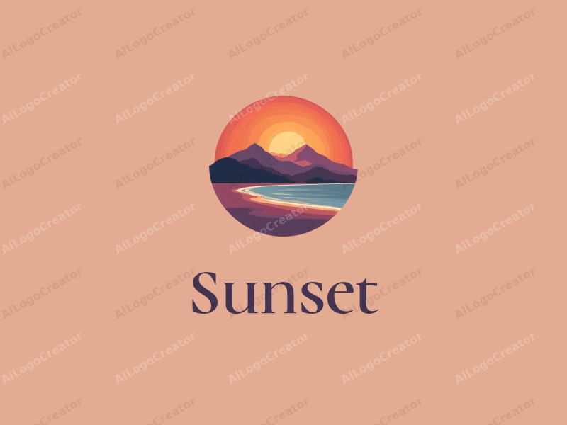 vintage design features a stylized sunset over a beach with mountains in the background, using a harmonious blend of orange and purple colors, combined with a clean and simple composition.