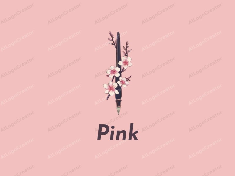 minimalist design features delicate cherry blossoms intertwined with a sleek pen, set against a clean pink background, emphasizing simplicity and elegance.