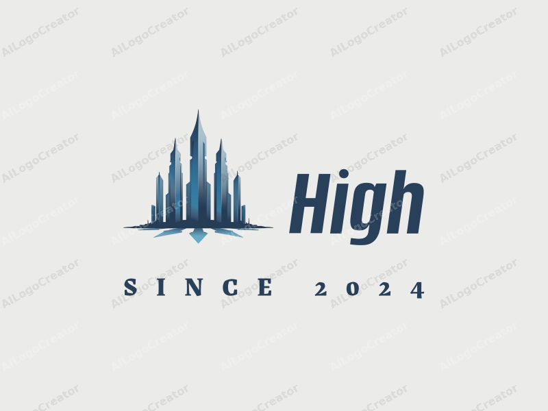 a modern minimalist design featuring tall and majestic towers, arrows integrated into the structure, with a blue and silver color palette, combined with a clean background.