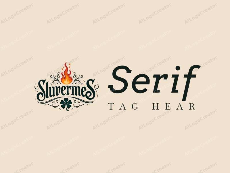 vintage design features elegant serif fonts intertwined with stylized flames and a four-leaf clover, combined with a clean background.