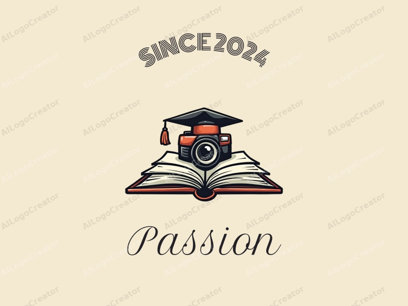 playful design features a stylized camera and an open book, symbolizing passion and enthusiasm for art and education, combined with a clean background.