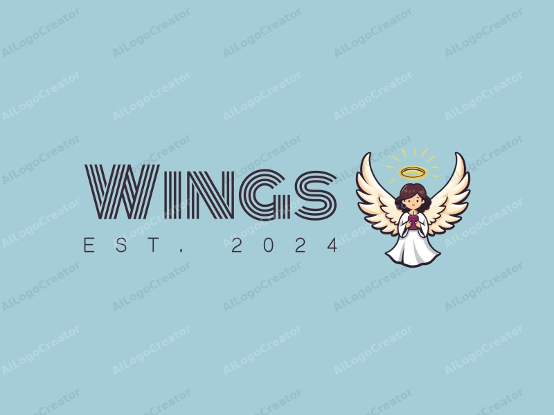 playful design features stylized wings and an angel in flight, holding a candle, combined with a clean blue background.