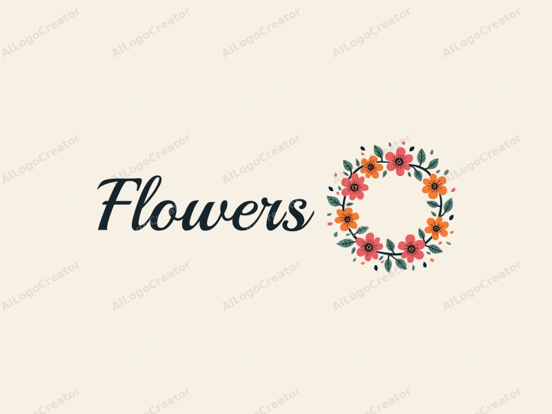 playful design features vibrant flowers and petals arranged in a circular wreath, complemented by playful leaves, all set against a clean background.