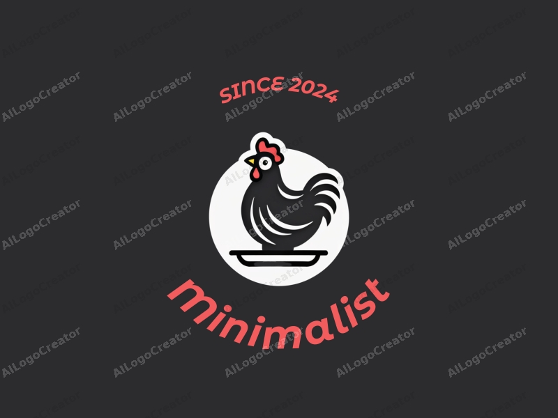 minimalist design features a stylized chicken and a plate, using clean lines and a tag style approach combined with a simple black and white background.