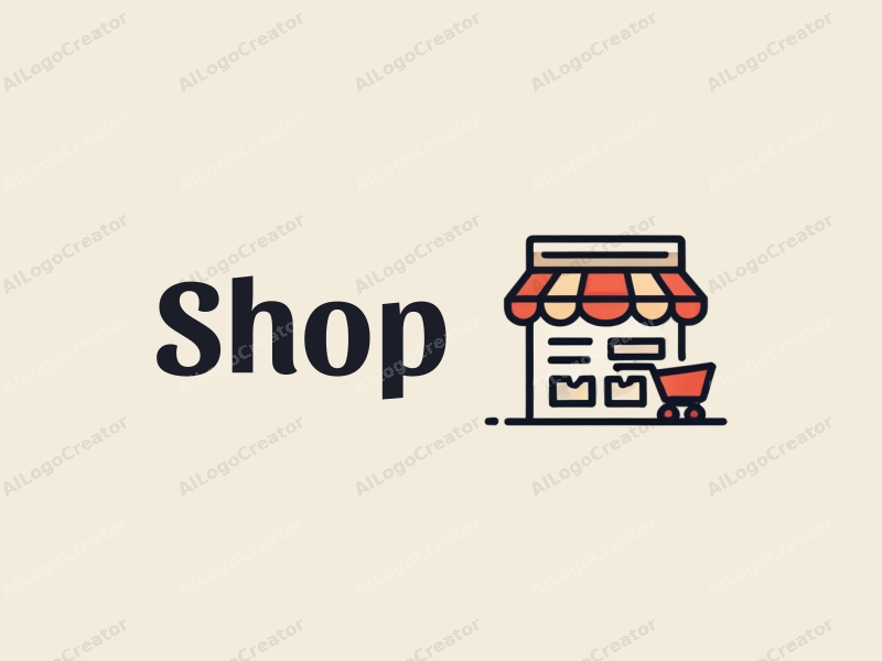 modern design features a stylized shop silhouette, a shopping cart, and shelves, combined with a clean background.