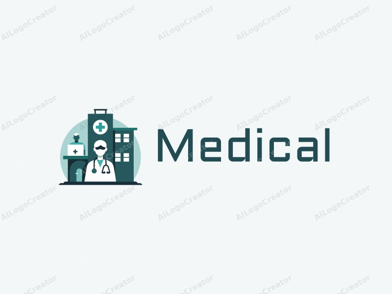 modern design features a stylized hospital silhouette, a doctor figure, a stethoscope, and a computer, combined with a clean background.