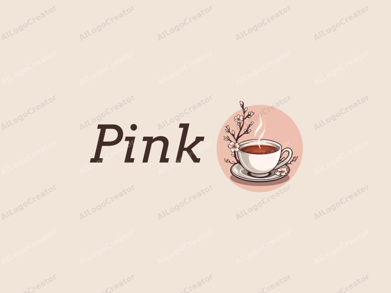 minimalist design features delicate cherry blossoms and petals surrounding a stylized teacup, combined with a clean background.