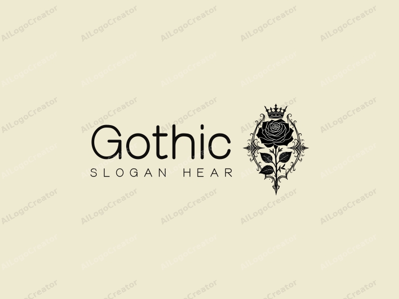 Gothic design features intricate Gothic architecture elements, stylized Gothic fashion silhouettes, a black rose intertwined with a crown, combined with a clean background.