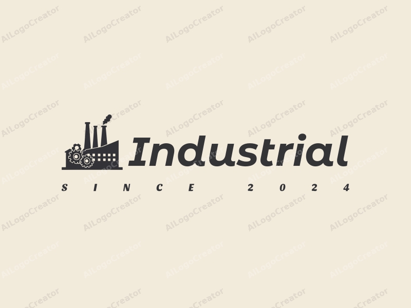 a modern minimalist design featuring a stylized factory silhouette with gears and chimneys, combined with a clean gray and black color scheme.