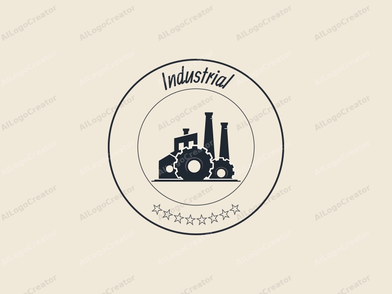 modern design features a stylized factory silhouette, interlocking gears, and a conveyor belt, combined with a clean background.