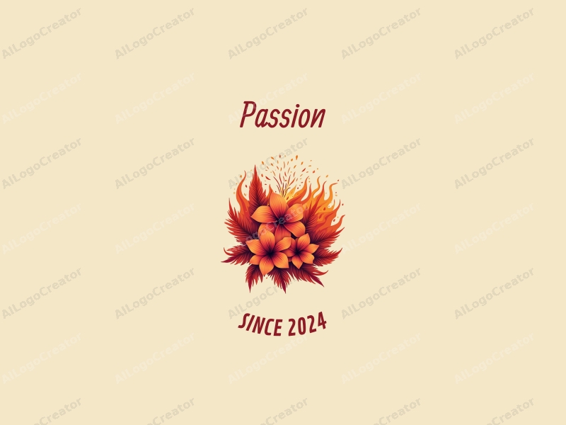 modern abstract design featuring tropical flowers intertwined with flames and fireworks, vibrant red and orange color palette, creating a sense of passion and energy against a clean background.