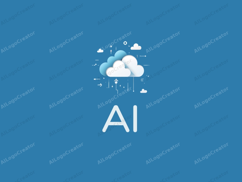 modern design features stylized clouds, abstract data streams, and intelligent algorithm symbols combined with a clean blue background.