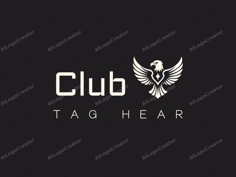 a modern minimalist design featuring a stylized eagle with prominent eyes, combined with elements representing a club and social interaction, set against a clean black background.