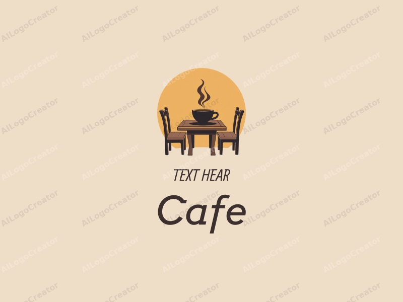 vintage design features a stylized coffee cup on a wooden table, surrounded by simple tables and chairs, combined with a clean background.