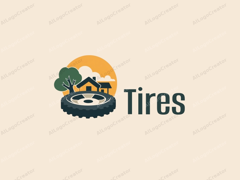 a modern design featuring a stylized tire, a tree, and a house, combined with a clean background and a harmonious composition.