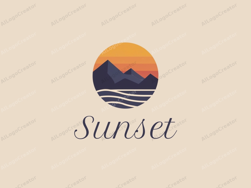 vintage design features a stylized sunset over the ocean with mountains in the background, incorporating warm orange and purple hues, combined with a clean and harmonious layout.