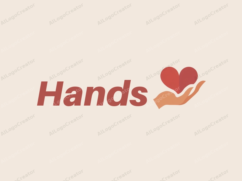 a modern minimalist design featuring a stylized hand holding a heart, with a clean background and skin tone colors, emphasizing simplicity and harmony.