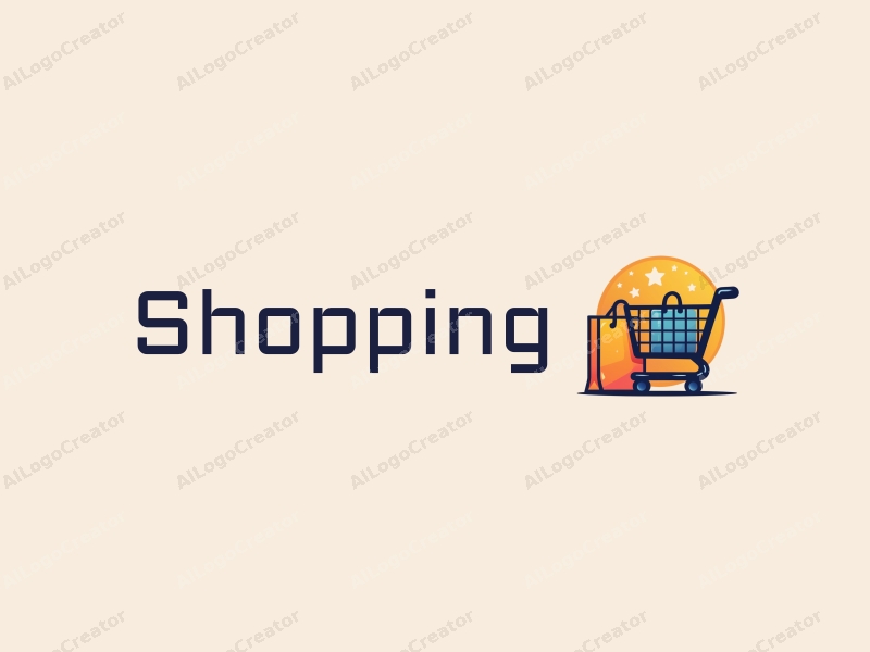 a modern design featuring a colorful shopping cart and a shopping bag, combined with a vibrant mall background, emphasizing a clean and harmonious composition.