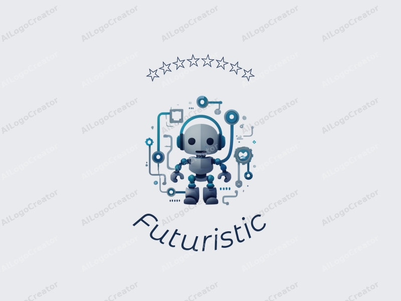 a modern minimalist design featuring a stylized robot intertwined with flowing data streams, utilizing silver and blue colors against a clean background.